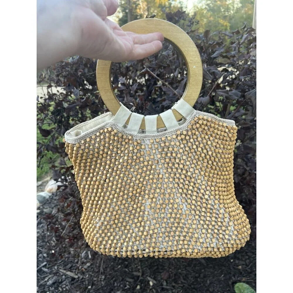 Vintage 90s The Sak beige cream crochet beaded top wood handle bag retro beachy